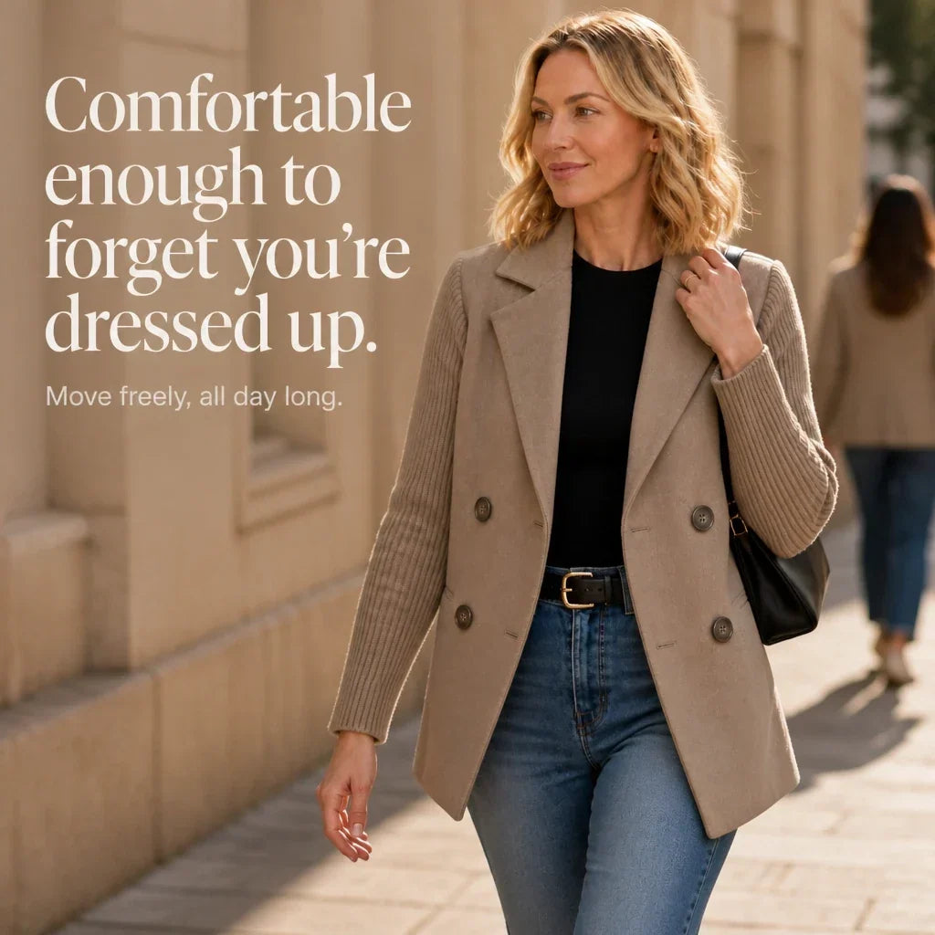 Celeste – Suede-Look Double-Breasted Knit-Sleeve Jacket