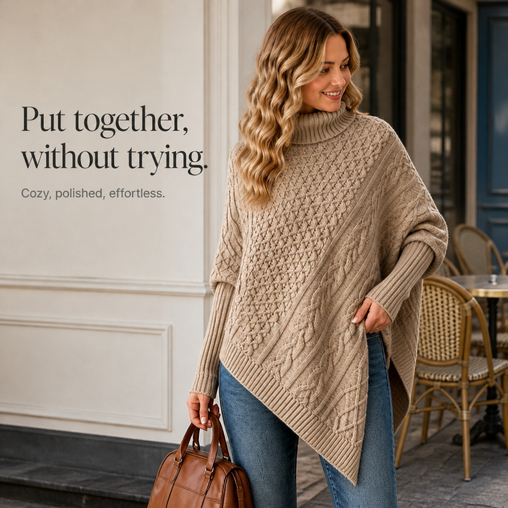 Cablelle – Asymmetric Cable-Knit Turtleneck Poncho