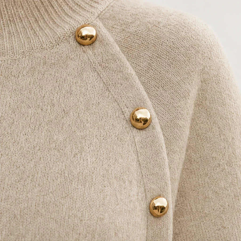 Velora – Button-Detail Side-Slit Knit Poncho Sweater
