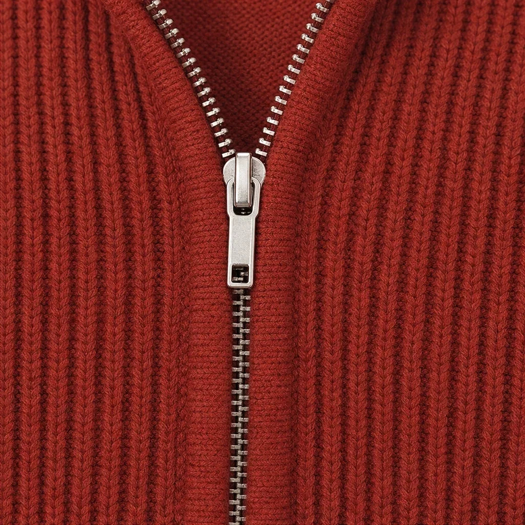 Ribbella – Ribbed Knit Full-Zip Collared Cardigan