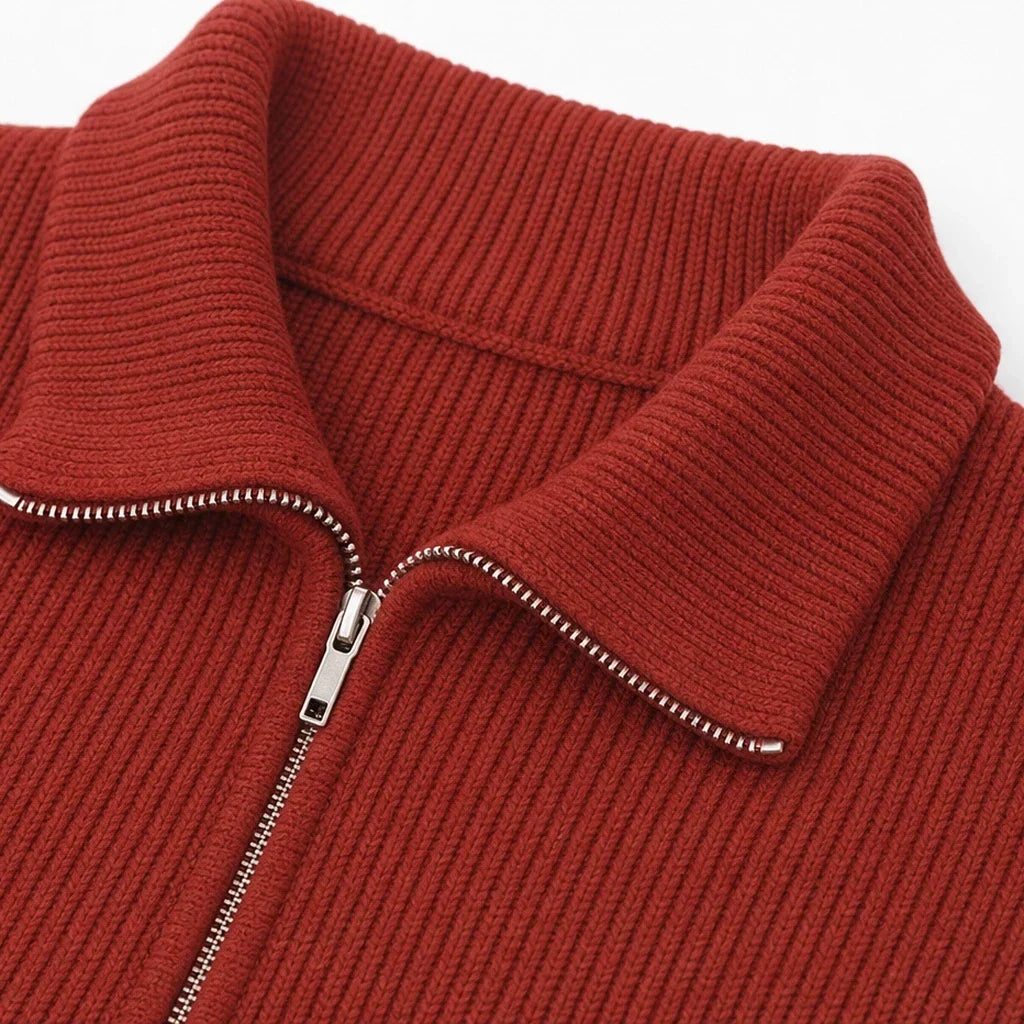 Ribbella – Ribbed Knit Full-Zip Collared Cardigan