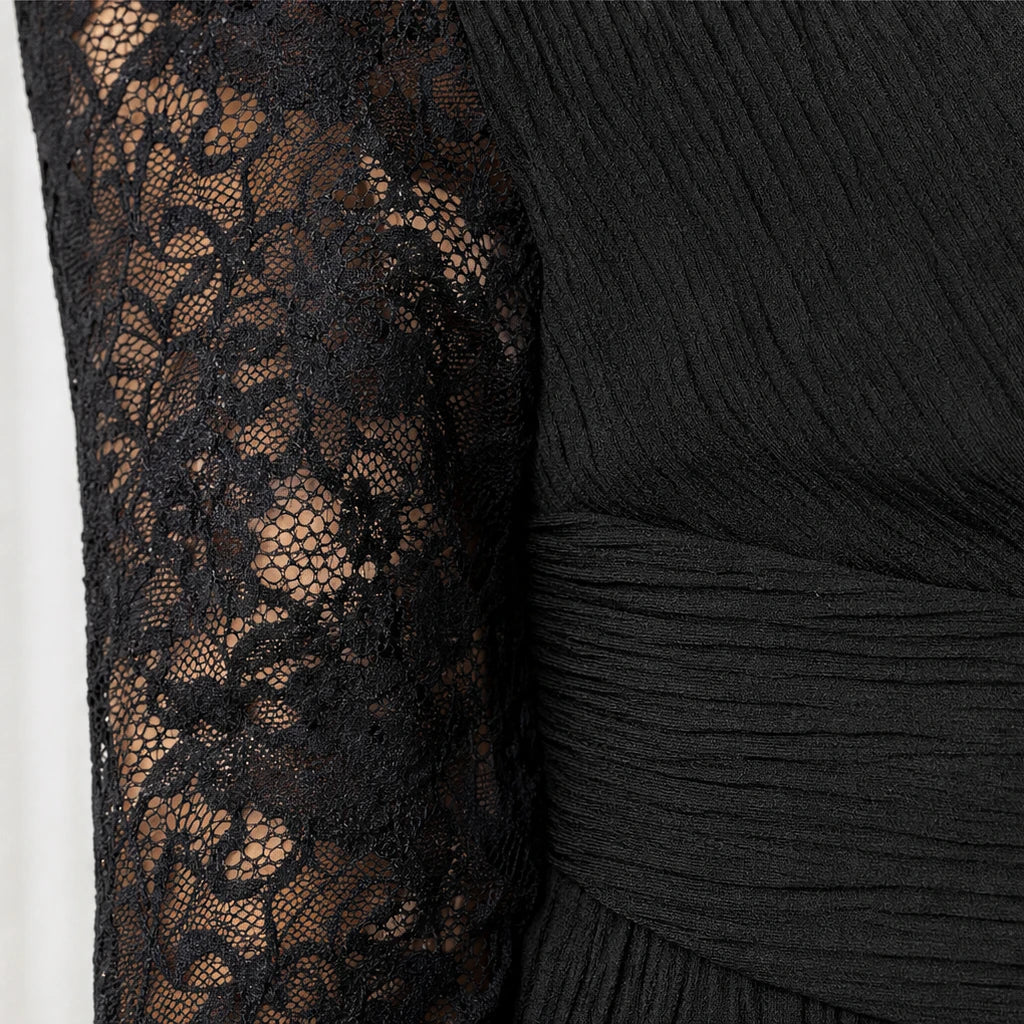 Vellora – Pleated Peplum Floral-Lace Two-Piece Pantsuit