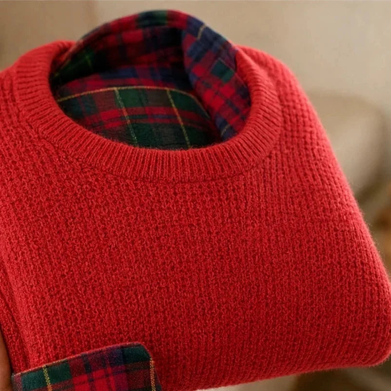 Plaidelle – Waffle Knit Plaid-Trim Crewneck Sweatshirt