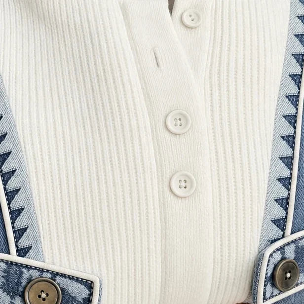 Denimelle – Denim-Look Detail Ribbed Henley Sweater