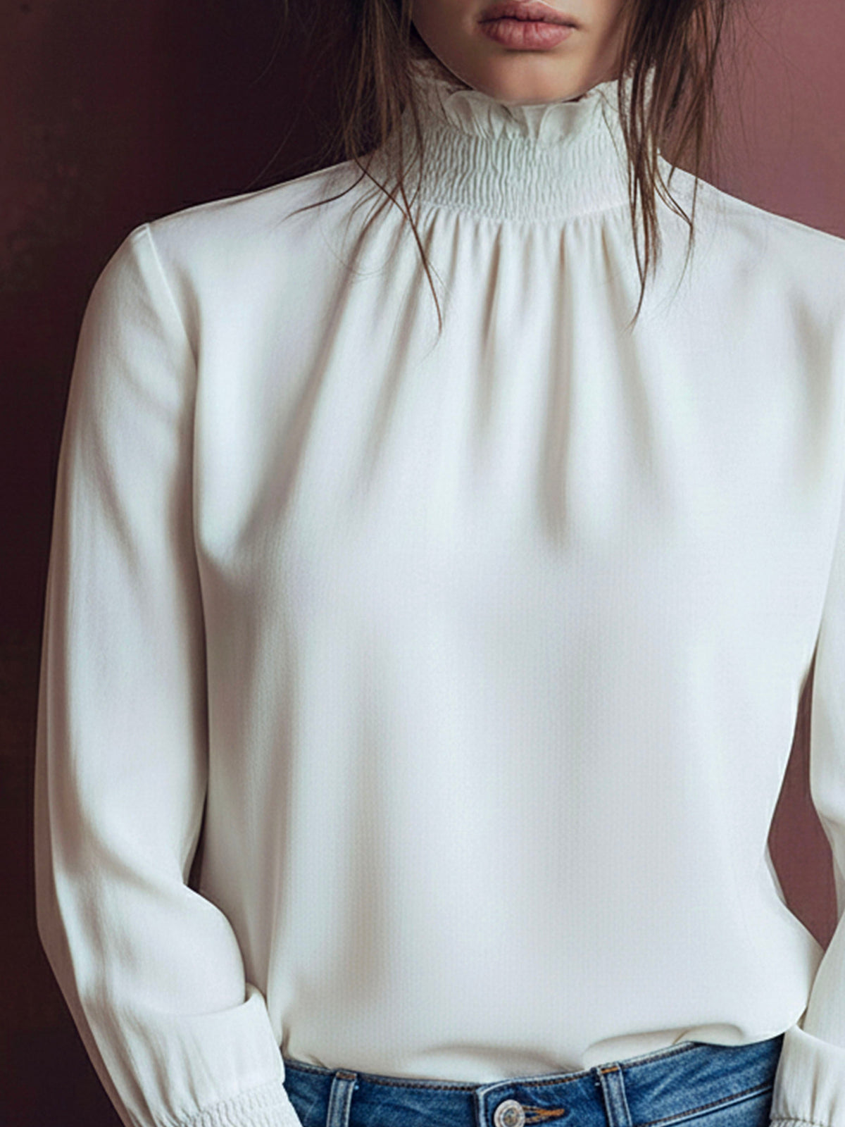 Elegant High Neck White Blouse With Smocked Cuffs And Ruffle Details