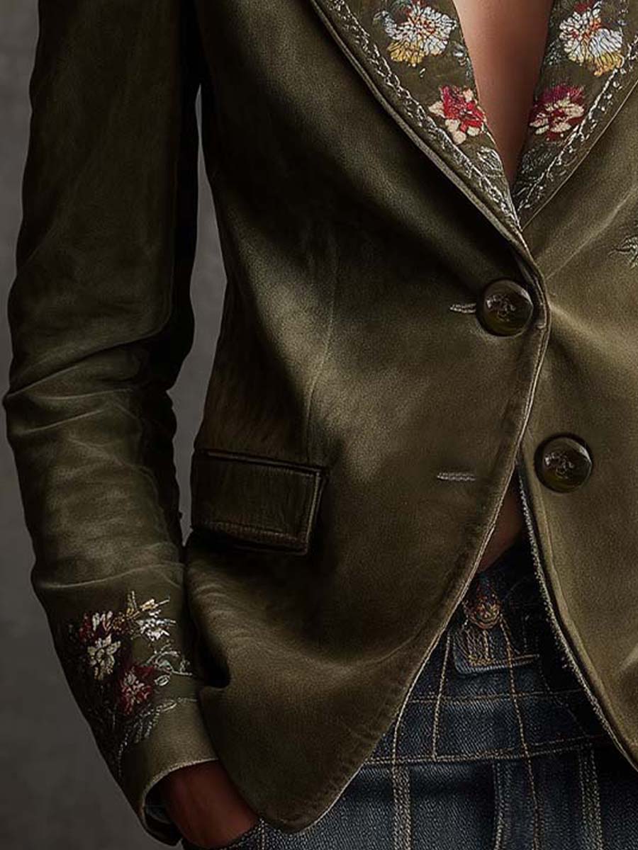 Olive Green Velvet Blazer With Intricate Floral Embroidery