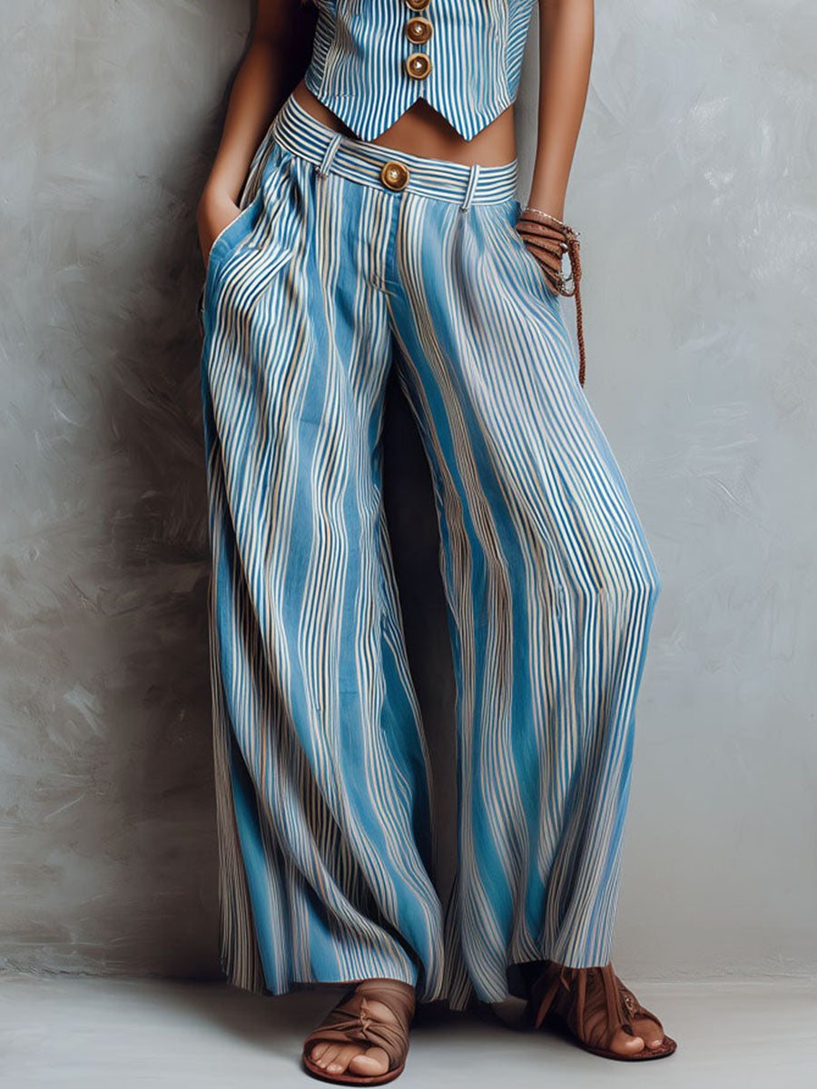 Boho Blue Striped Vest & Wide-Leg Pant Set