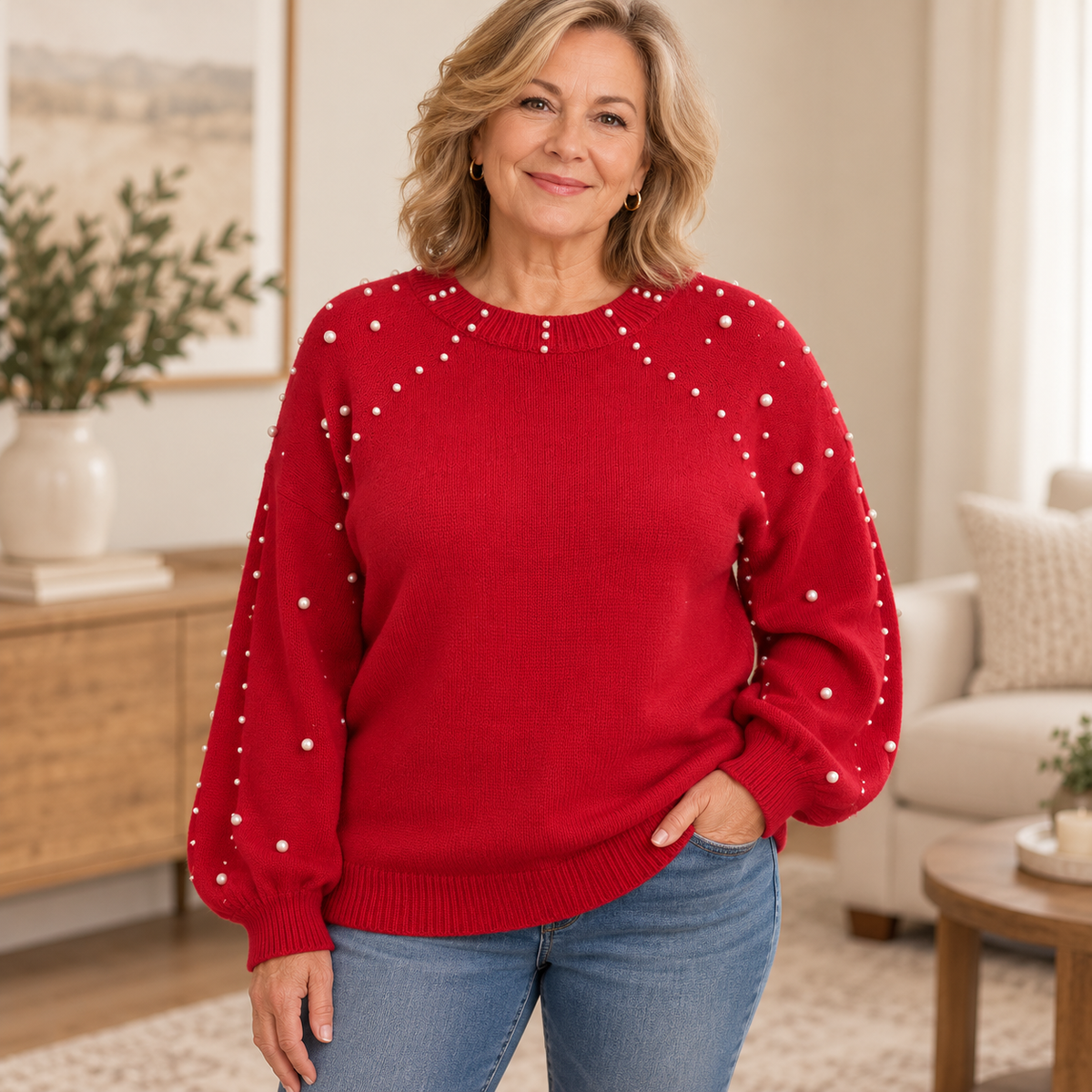 Pearla – Faux Pearl Sleeve Crew-Neck Sweater
