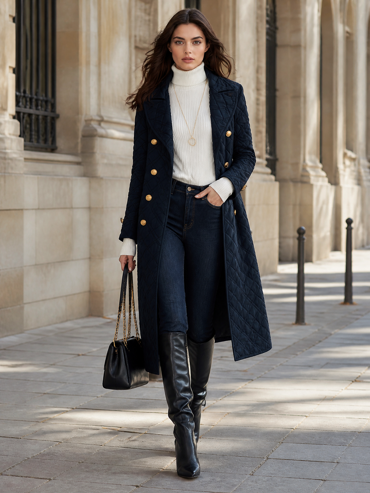 Vintage Bohemian Midnight Quilted Double-Breasted Duster Coat