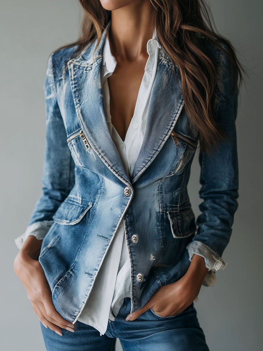 Vintage Effortless Tailoring Washed Denim Blazer