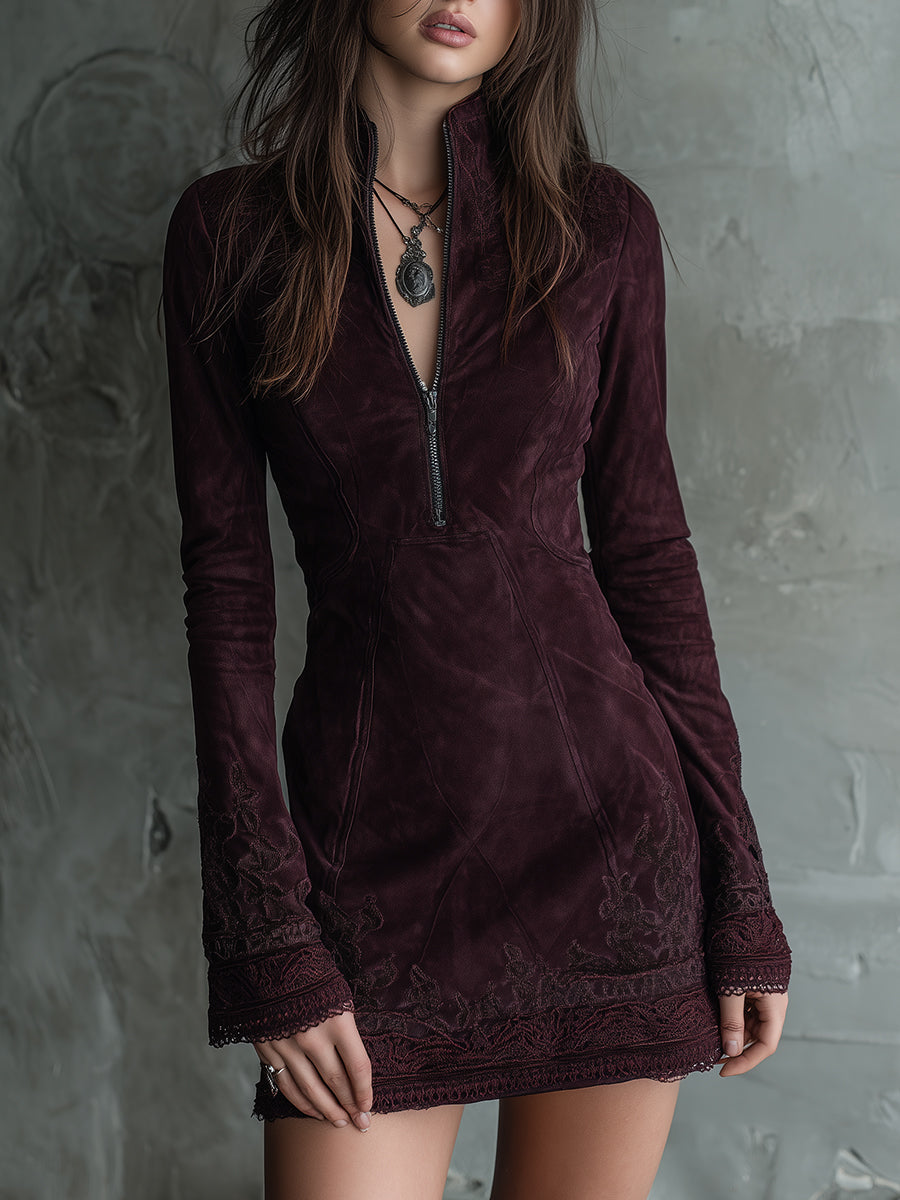 Vintage Suede Embroidered Lace Trim Mini Dress