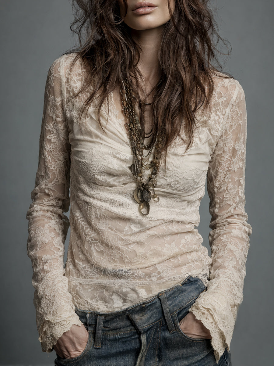 Vintage Cowl Neck Lace Long Sleeve Blouse