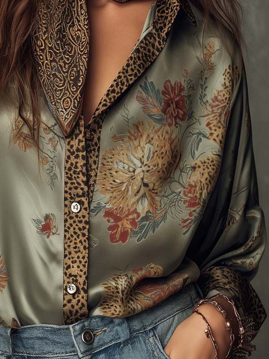 Satin Floral Button-Down Shirt With Leopard Trim