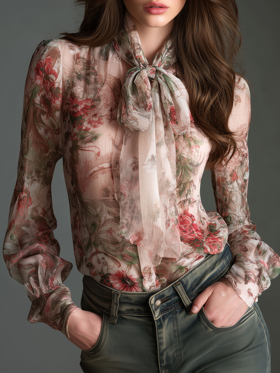 Retro Romantic Floral Chiffon Bow-Tie Blouse