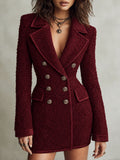 Retro Textured Double-Breasted Blazer with Gold Buttons