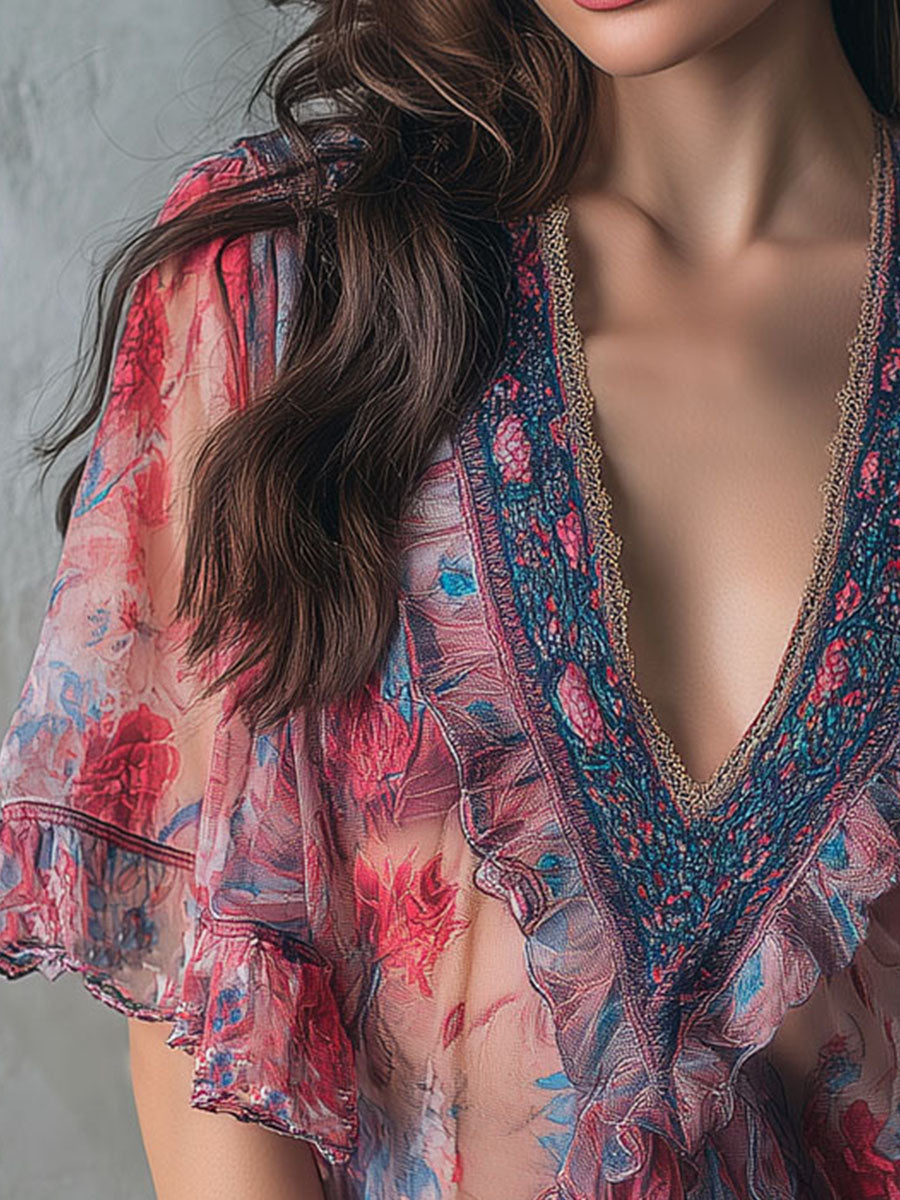 Boho Romantic V-Neck Sheer Floral Print Ruffle Blouse