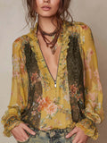 Zip-Front Ruffled Floral Chiffon Blouse
