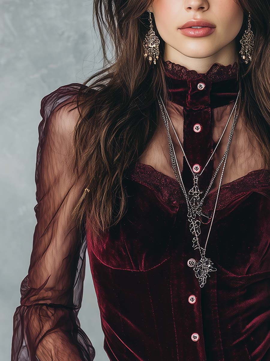 Retro Sheer Sleeves Polyester Velvet Blouse