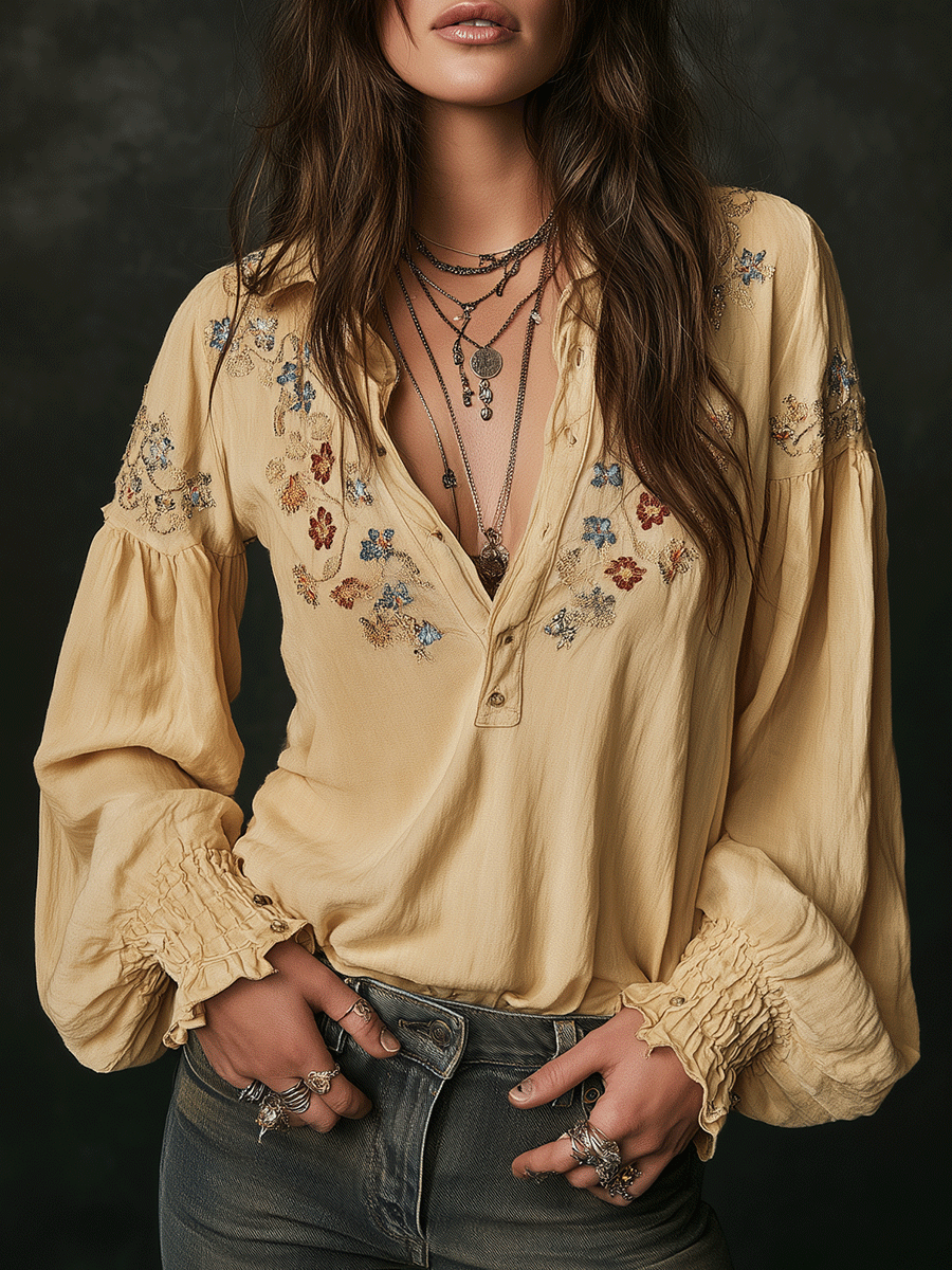 Casual Yellow Floral Embroidered Cotton Shirt