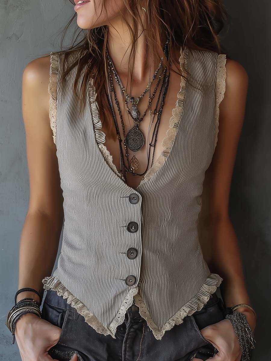 Vintage Lace Trim Striped Vest
