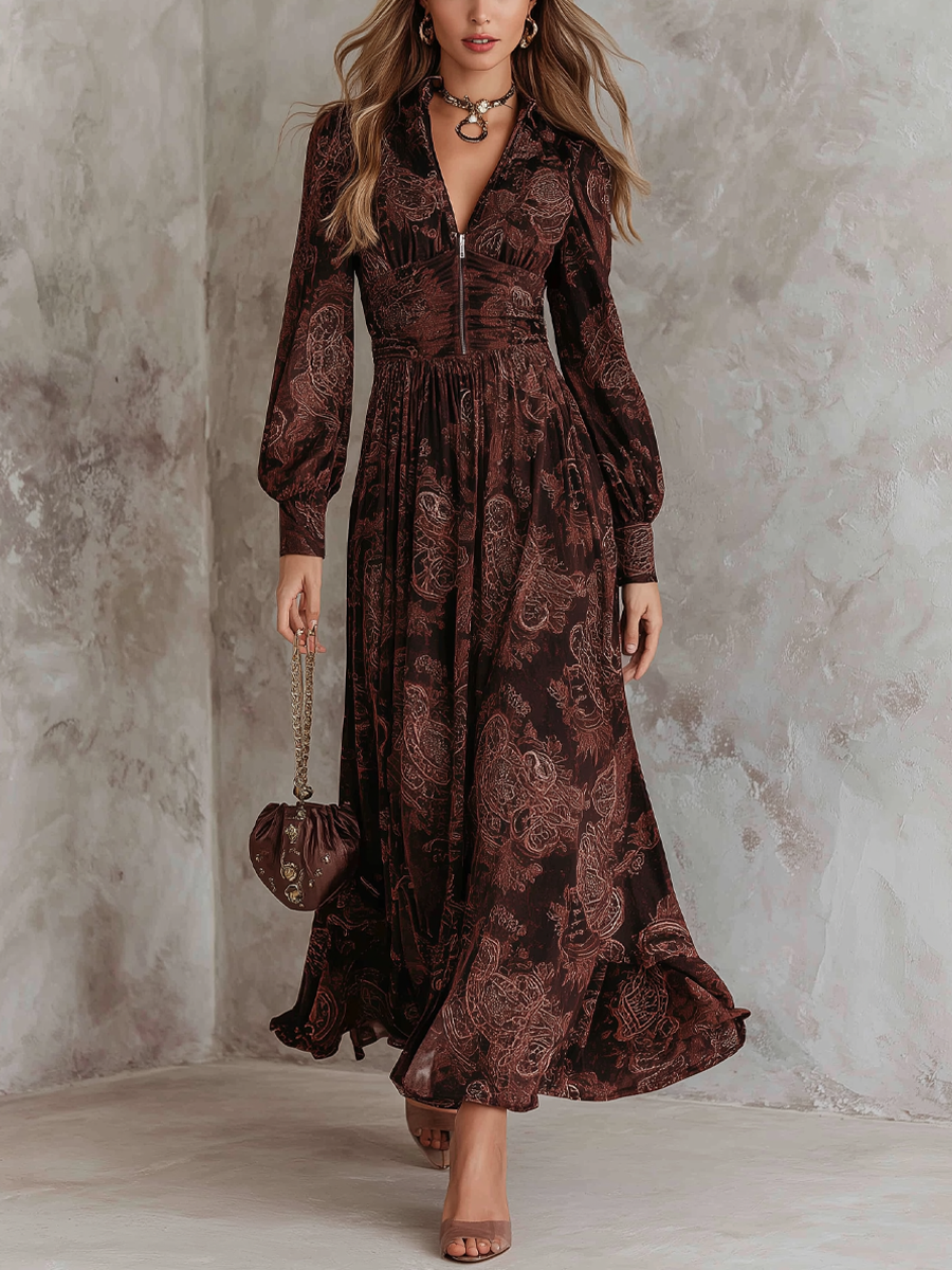 Retro Zipper Neck Long Sleeve Paisley Print Midi Dress