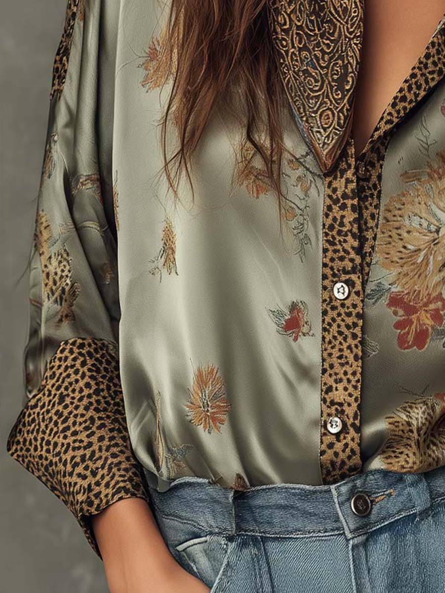 Satin Floral Button-Down Shirt With Leopard Trim