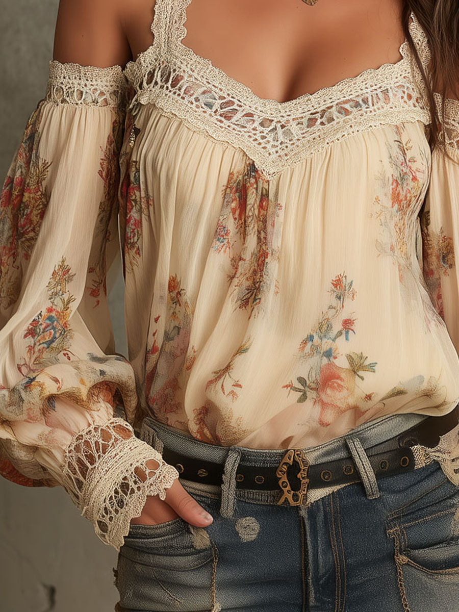 Vintage Boho Cream Floral Off-Shoulder Lace Blouse