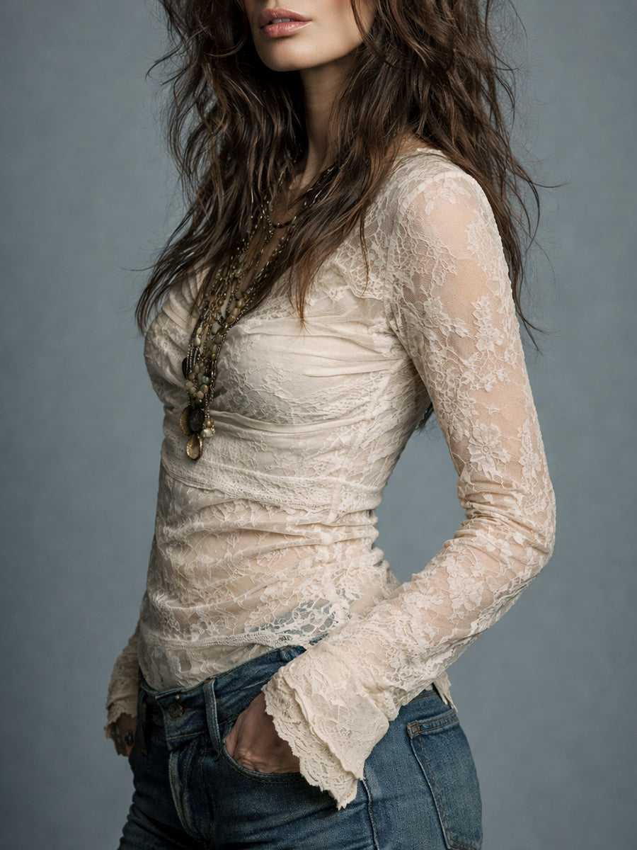 Vintage Cowl Neck Lace Long Sleeve Blouse