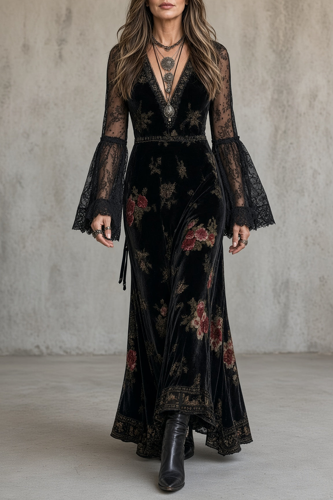 Natalie | Velvet Lace-Sleeve Maxi Dress
