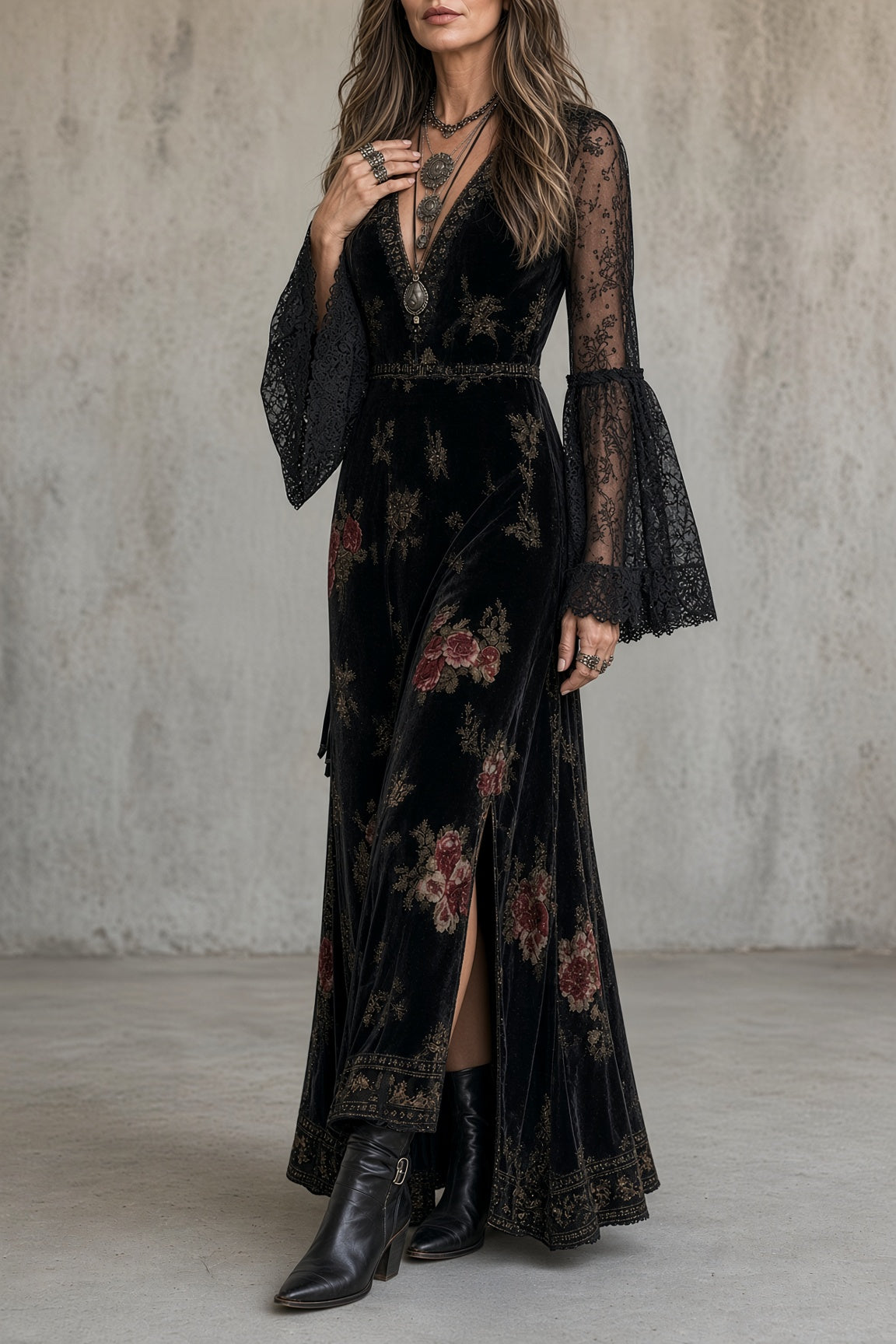 Natalie | Velvet Lace-Sleeve Maxi Dress