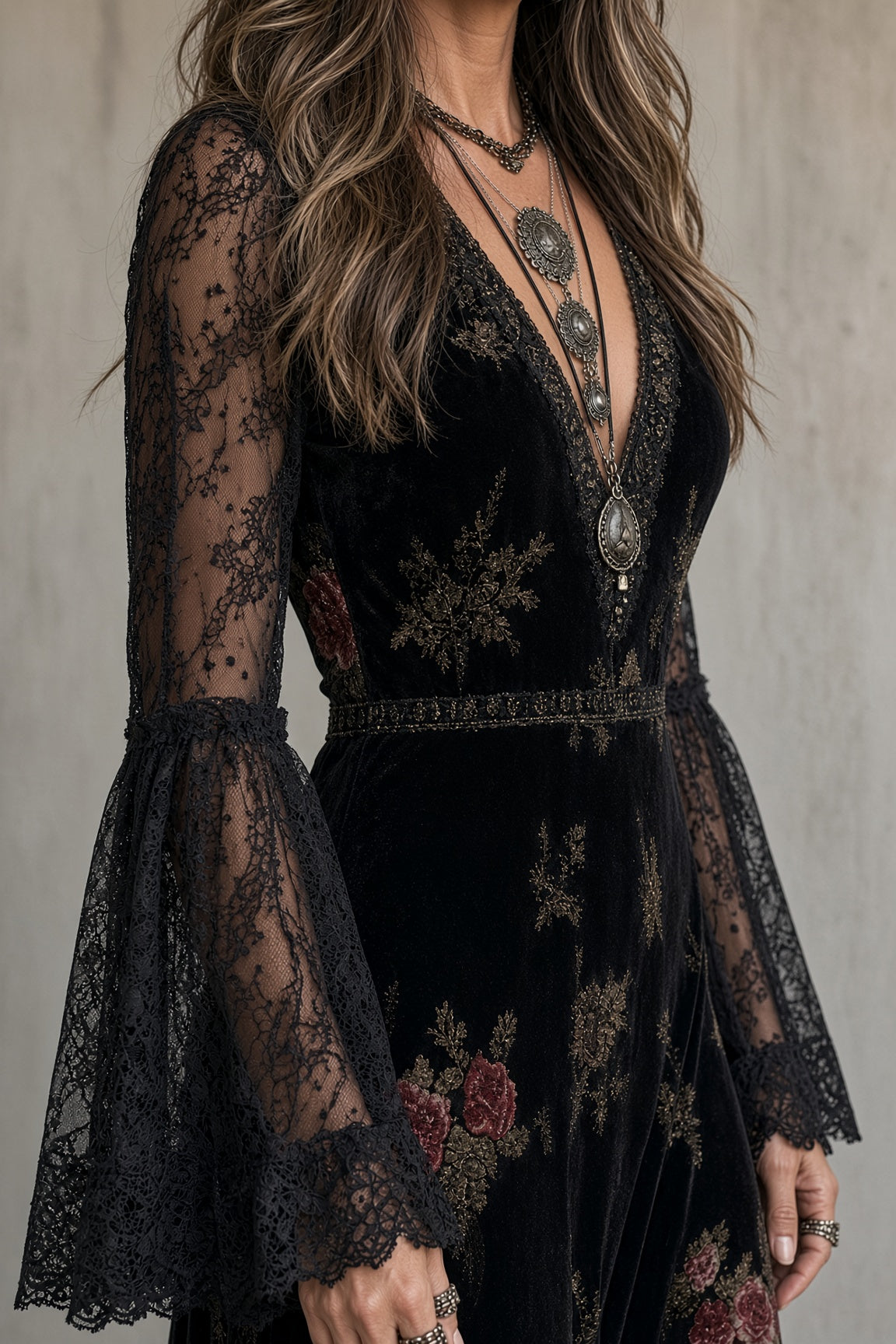 Natalie | Velvet Lace-Sleeve Maxi Dress