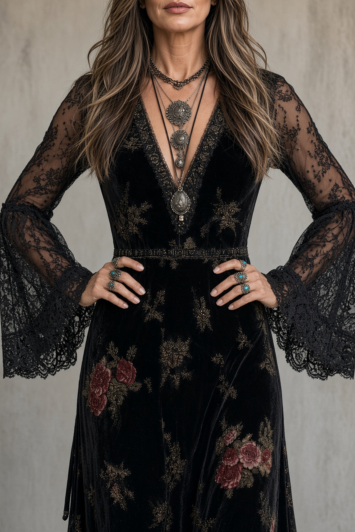 Natalie | Velvet Lace-Sleeve Maxi Dress