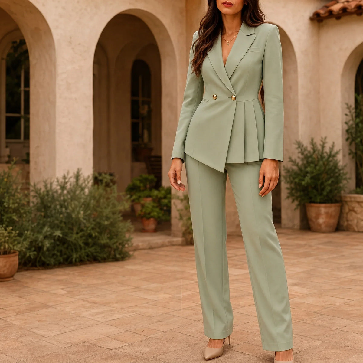 Vellaire – Double-Breasted Pleated Peplum Trouser Suit