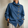 Angled Denim – Asymmetric Button Stand-Collar Denim-Look Jacket