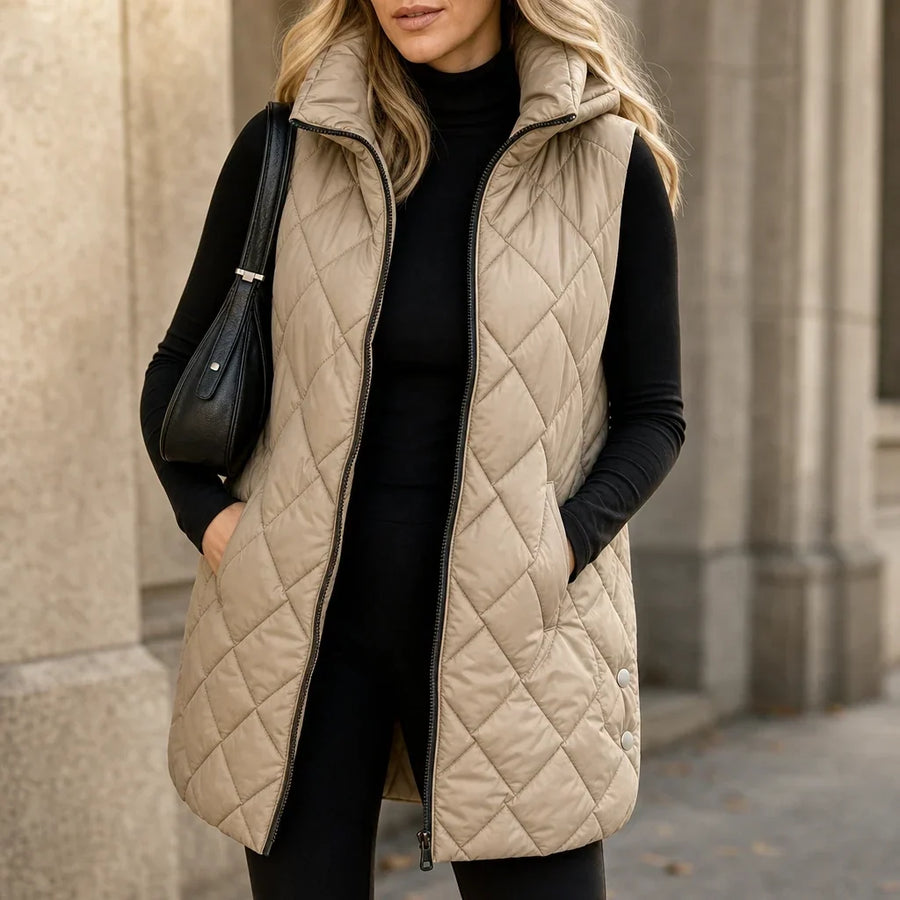 Quilted Muse – Quilted Hooded Mid-Length Vest