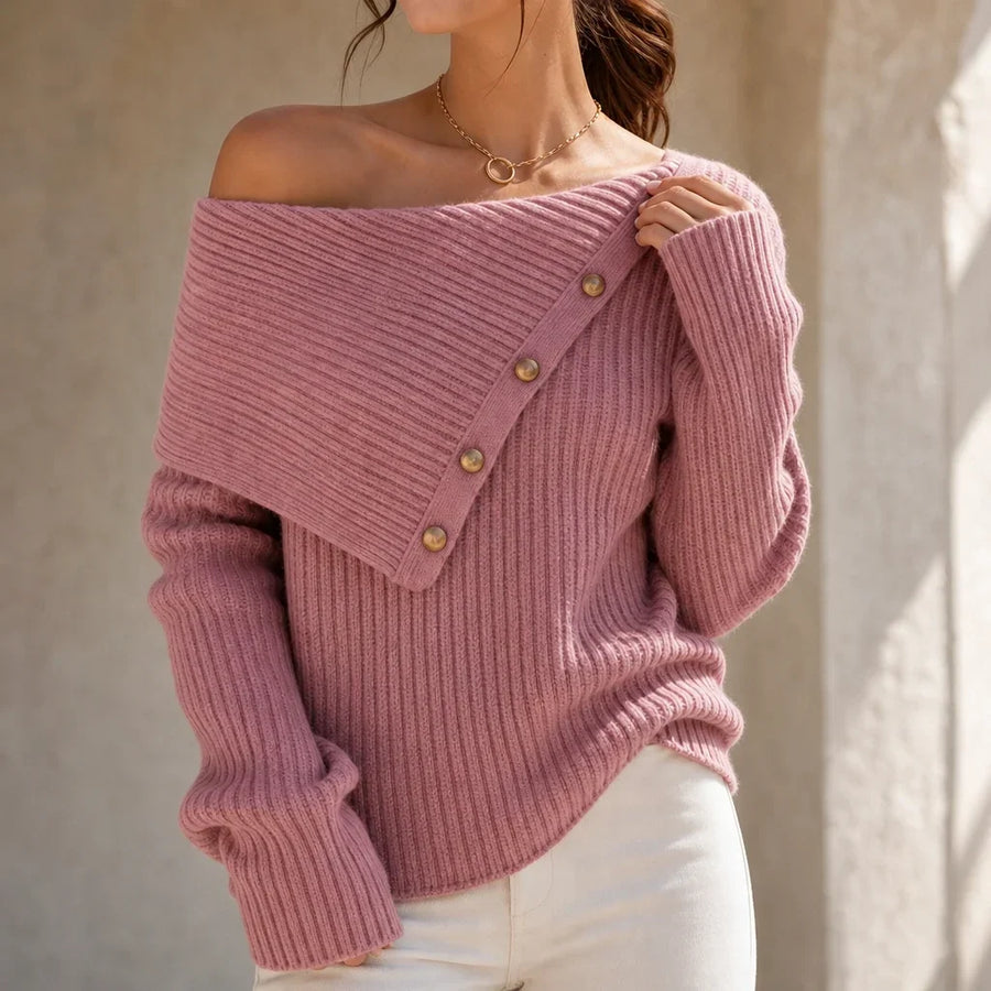 Velaine – Asymmetric Off-Shoulder Ribbed Sweater