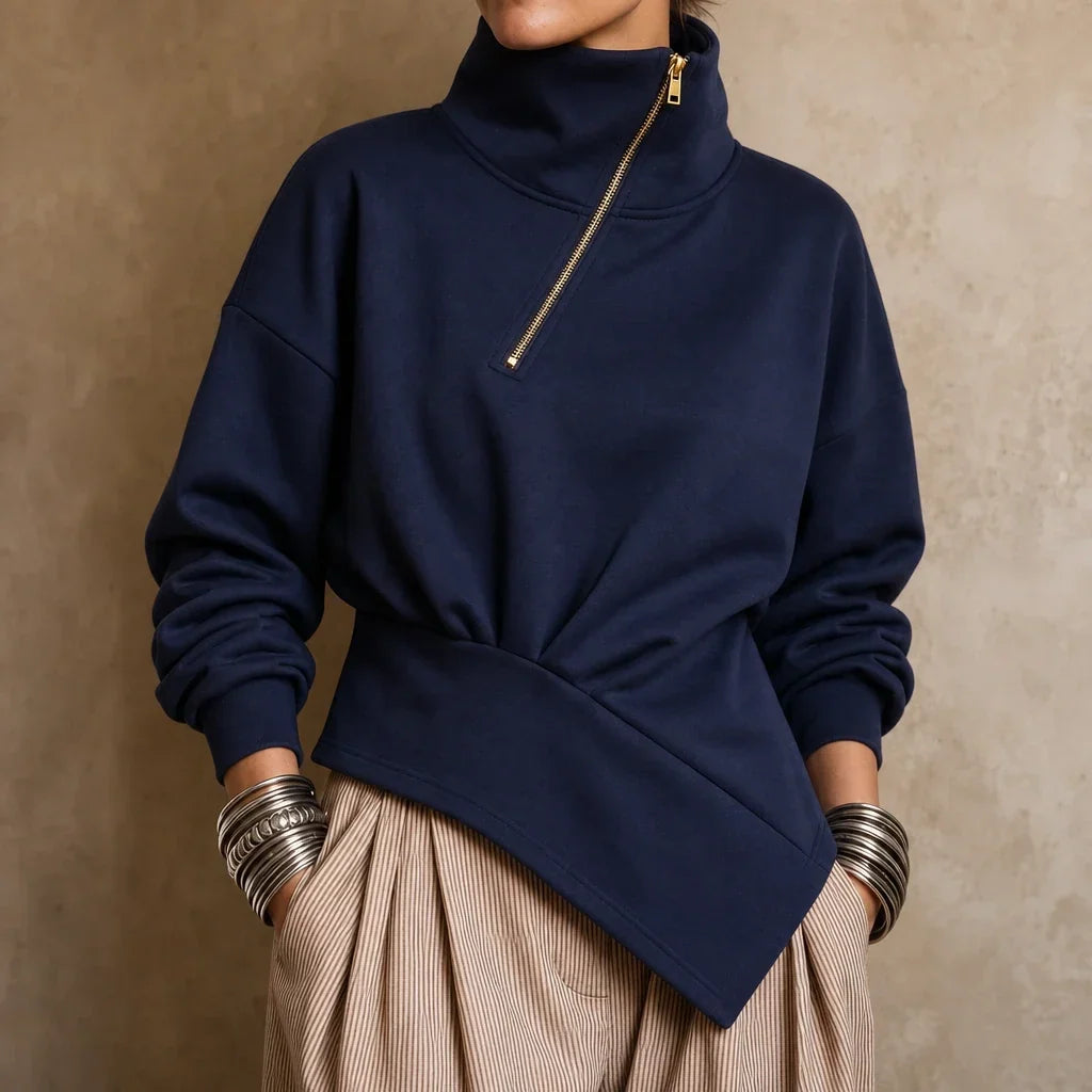 Velaire – Asymmetric Diagonal-Zip High-Neck Sweatshirt