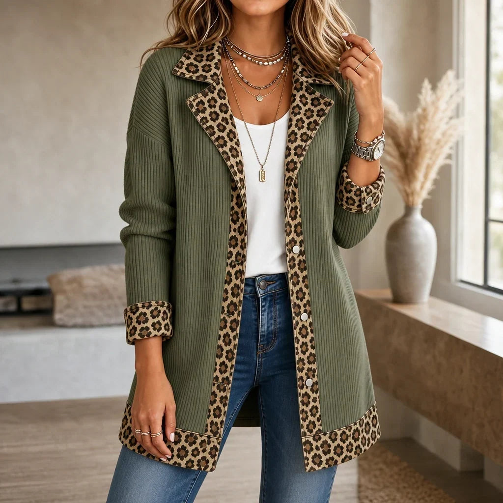 Liora – Leopard-Trim Ribbed Knit Cardigan