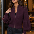 Lantera – Textured Lantern-Sleeve Zip-Up Knit Cardigan