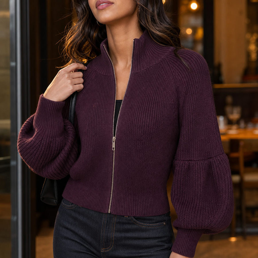 Lantera – Textured Lantern-Sleeve Zip-Up Knit Cardigan