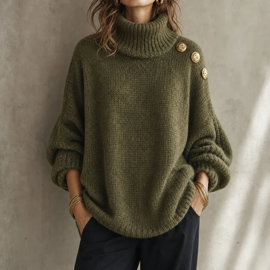 Aurelle – Gold Button Shoulder Knit Turtleneck Sweater