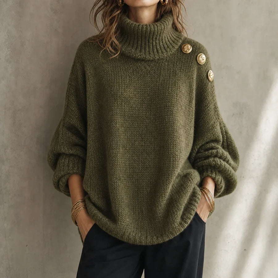 Aurelle – Gold Button Shoulder Knit Turtleneck Sweater