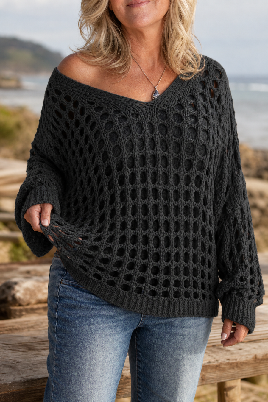 Sunlace – Open-Knit Off-Shoulder Oversized Sweater