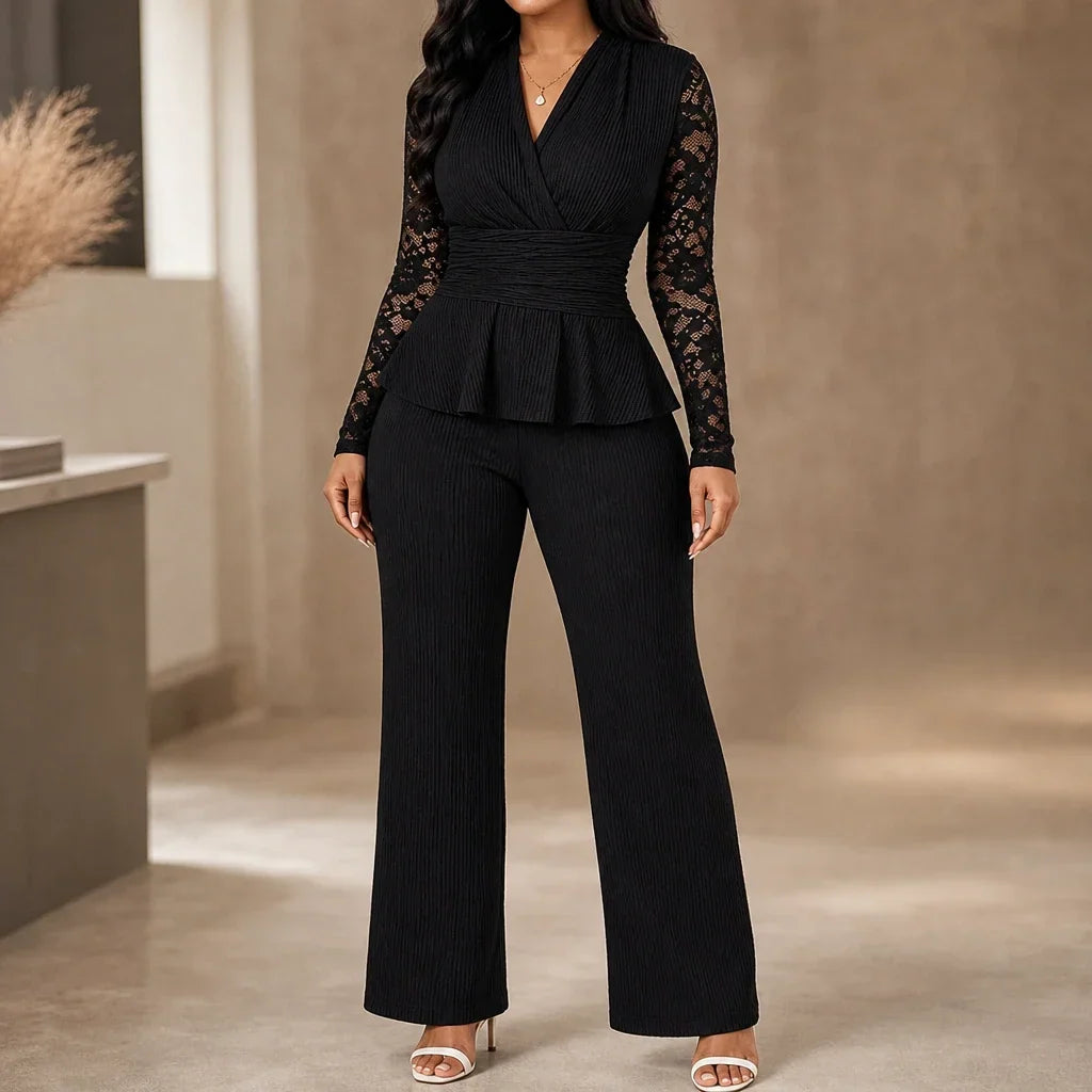 Vellora – Pleated Peplum Floral-Lace Two-Piece Pantsuit