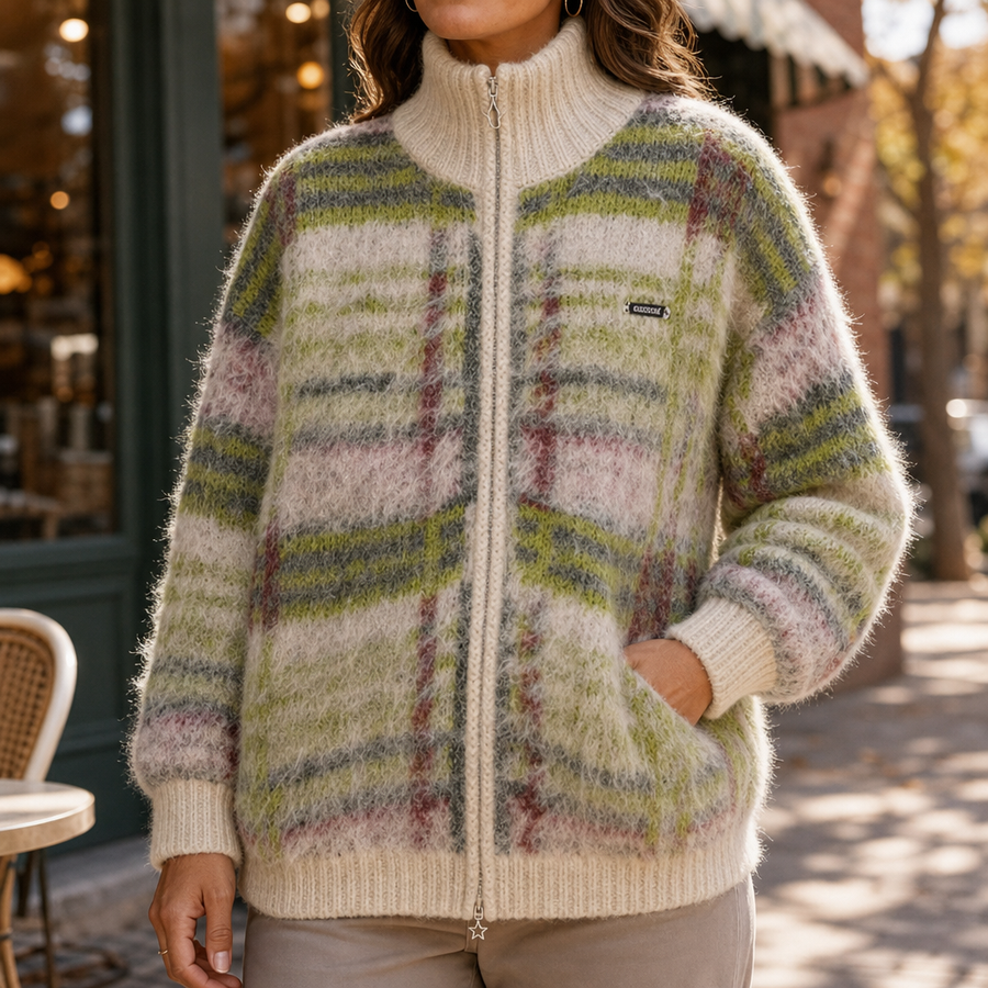Checkermere – Plush Plaid Zip-Up High-Collar Cardigan