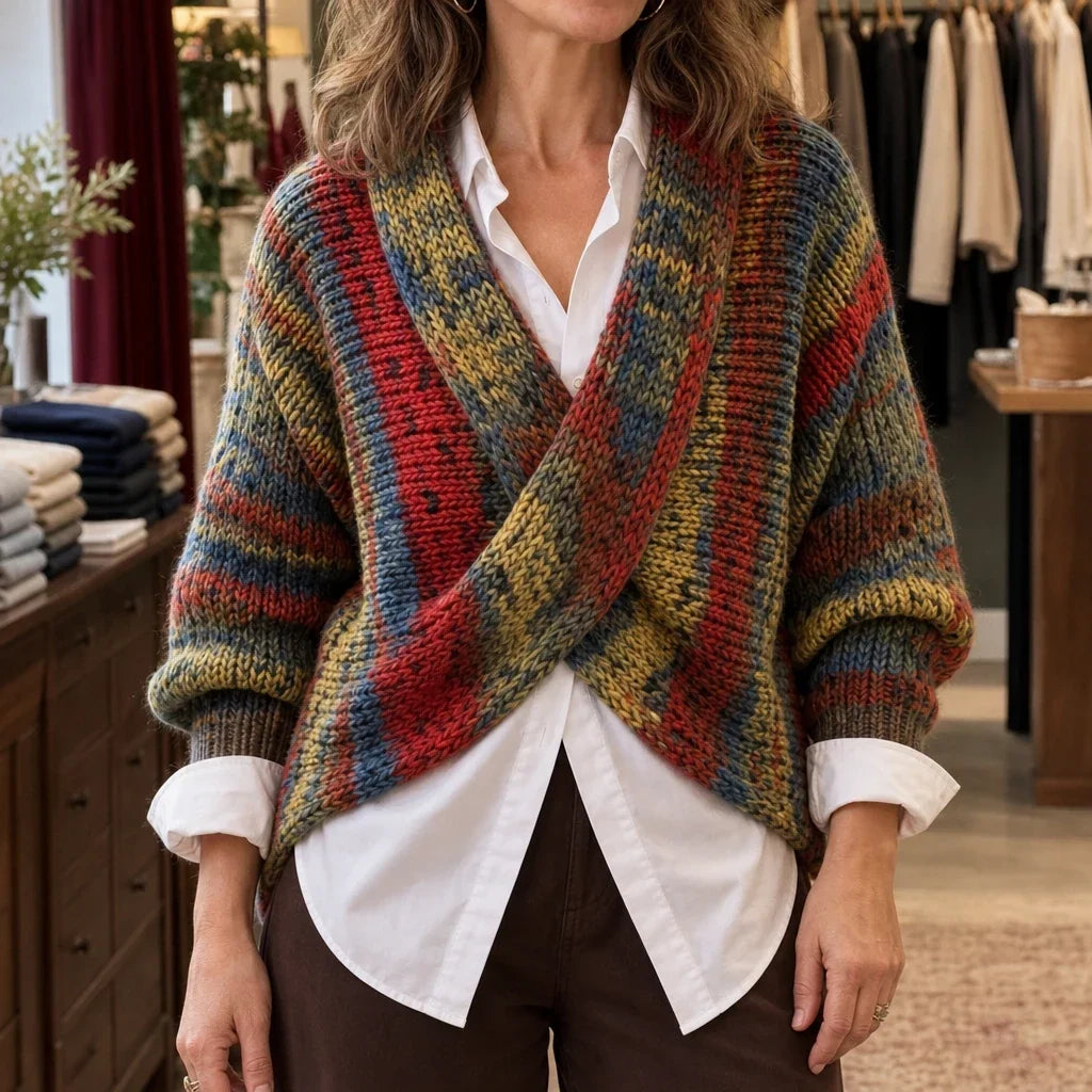 Wrapelle – Striped Wrap-Front Knit Pullover