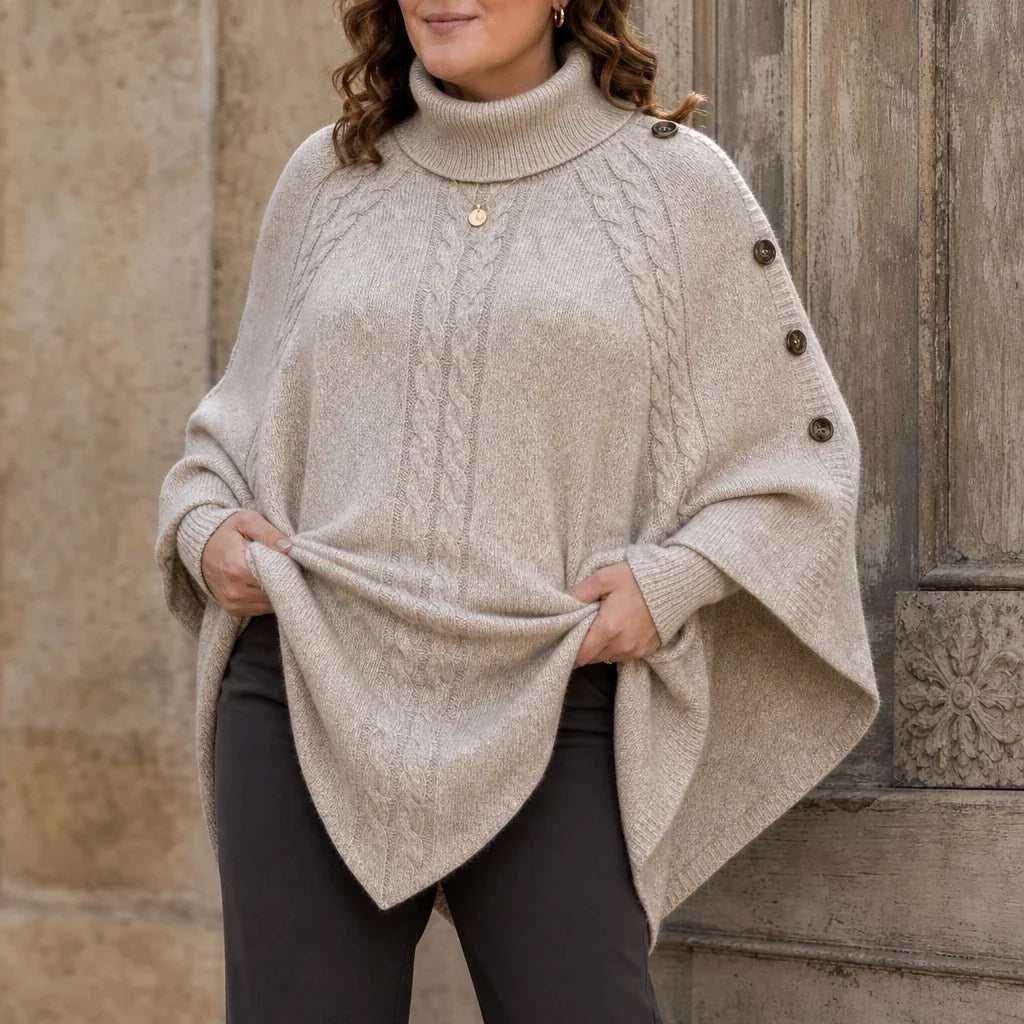 Cabelune – High-Neck Cable-Knit Cape Poncho Sweater