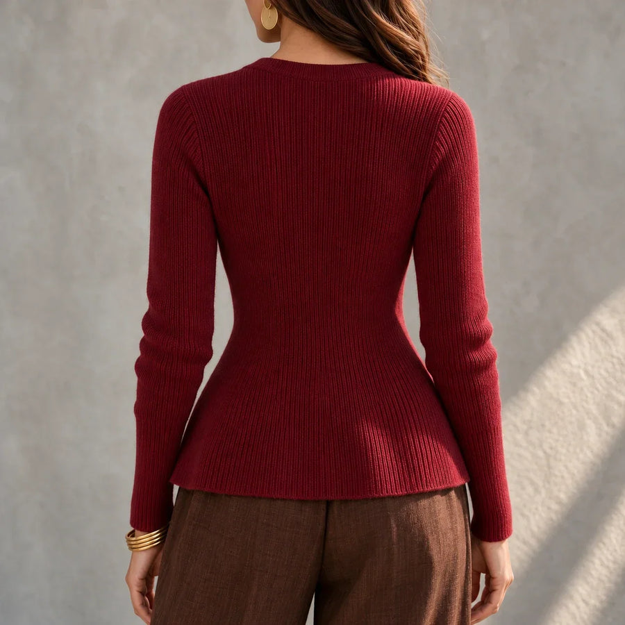 Peplina – Ribbed Asymmetrical Button-Front Peplum Sweater