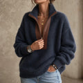 Wooluna – Fuzzy Contrast-Collar Half-Zip Sweater