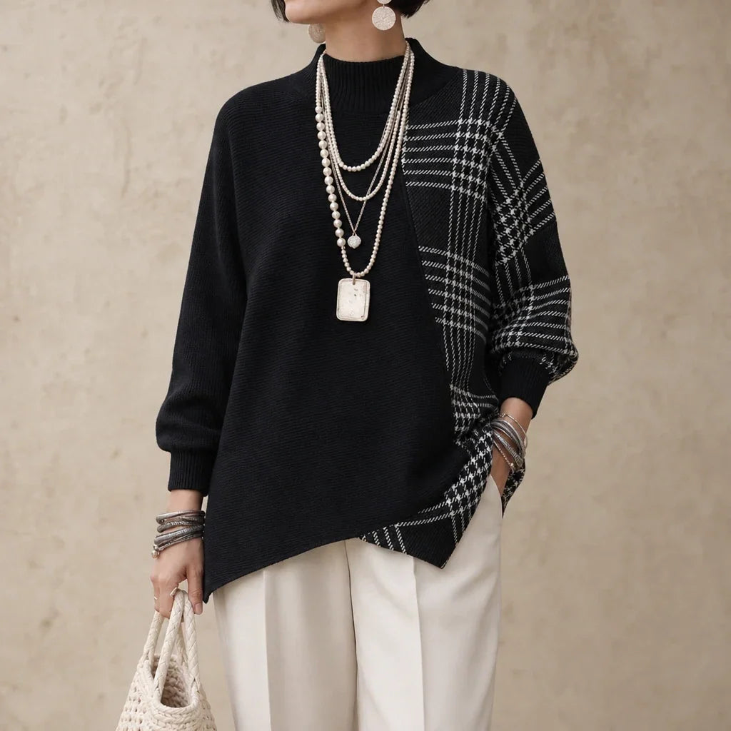 Plaidelle – Asymmetric Plaid Panel Knit Sweater